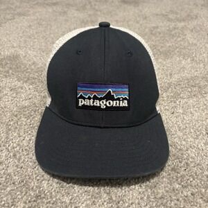 Small Patagonia P-6 Logo Trucker Hat Black vessel Blue SnapBack Mesh